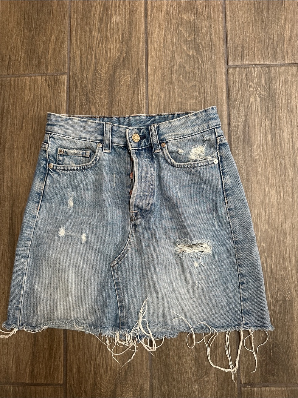 & Denim Distressed Mini Skirt - Light Blue, Button Fly. Size 4